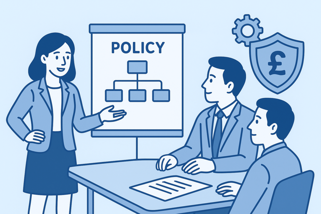 Insurance advisor explaining policy structures to directors